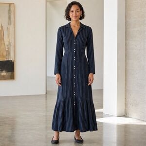 Becken Silk Blend Pinstripe Maxi Shirt Dress Size 2 Button Front Made NY